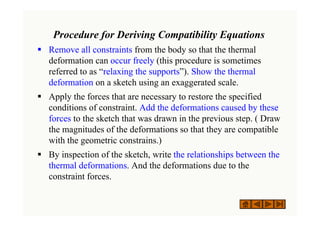 Procedure for Deriving Compatibility Equations
ƒ Remove all constraints from the body so that the thermal
deformation can occur freely (this procedure is sometimes
referred to as “relaxing the supports”). Show the thermal
deformation on a sketch using an exaggerated scale.
ƒ Apply the forces that are necessary to restore the specified
conditions of constraint. Add the deformations caused by these
forces to the sketch that was drawn in the previous step. ( Draw
the magnitudes of the deformations so that they are compatible
with the geometric constrains.)
ƒ By inspection of the sketch, write the relationships between the
thermal deformations. And the deformations due to the
constraint forces.
 