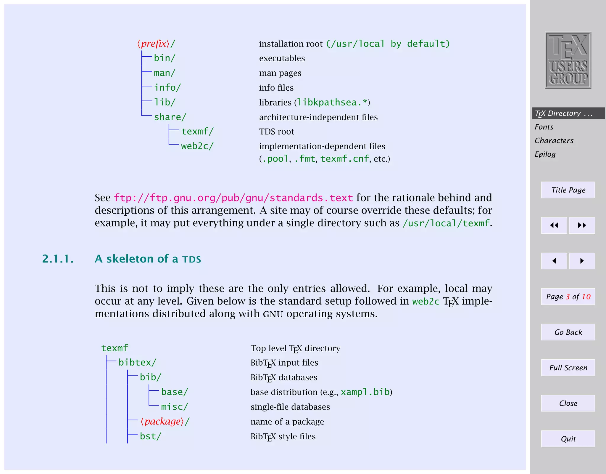 preﬁx /

installation root (/usr/local by default)

bin/

executables

man/

man pages

info/

info ﬁles

lib/

libraries (libkpathsea.*)

share/

architecture-independent ﬁles

texmf/

TDS root

web2c/

implementation-dependent ﬁles
(.pool, .fmt, texmf.cnf, etc.)

See ftp://ftp.gnu.org/pub/gnu/standards.text for the rationale behind and
descriptions of this arrangement. A site may of course override these defaults; for
example, it may put everything under a single directory such as /usr/local/texmf.

2.1.1.

A skeleton of a

TEX Directory . . .
Fonts
Characters
Epilog

Title Page

TDS

This is not to imply these are the only entries allowed. For example, local may
occur at any level. Given below is the standard setup followed in web2c TEX implementations distributed along with gnu operating systems.

Page 3 of 10

Go Back

texmf

Top level TEX directory
BibTEX input ﬁles

bibtex/
bib/

Full Screen

BibTEX databases

base/

base distribution (e.g., xampl.bib)

misc/

single-ﬁle databases

package /
bst/

Close

name of a package
BibTEX style ﬁles

Quit

 