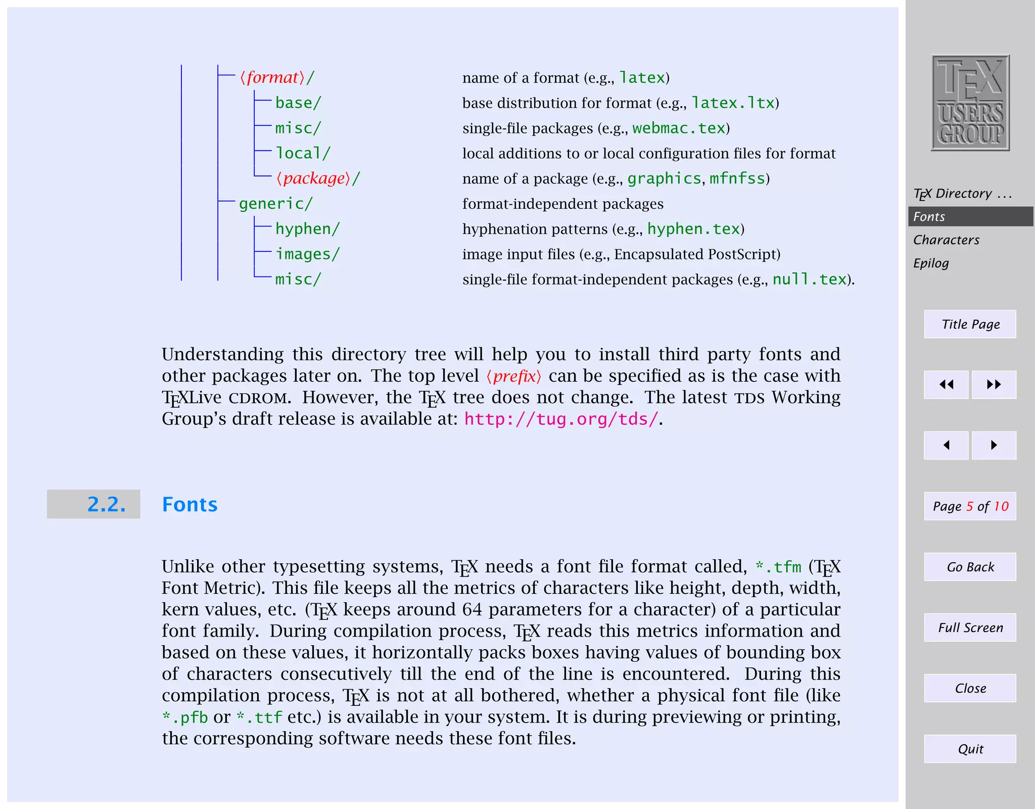format /

name of a format (e.g., latex)

base/

base distribution for format (e.g., latex.ltx)

misc/

single-ﬁle packages (e.g., webmac.tex)

local/

local additions to or local conﬁguration ﬁles for format

package /
generic/

name of a package (e.g., graphics, mfnfss)
format-independent packages

hyphen/

hyphenation patterns (e.g., hyphen.tex)

images/

image input ﬁles (e.g., Encapsulated PostScript)

misc/

TEX Directory . . .
Fonts

single-ﬁle format-independent packages (e.g., null.tex).

Characters
Epilog

Title Page

Understanding this directory tree will help you to install third party fonts and
other packages later on. The top level preﬁx can be speciﬁed as is the case with
TEXLive cdrom. However, the TEX tree does not change. The latest tds Working
Group’s draft release is available at: http://tug.org/tds/.

2.2.

Fonts
Unlike other typesetting systems, TEX needs a font ﬁle format called, *.tfm (TEX
Font Metric). This ﬁle keeps all the metrics of characters like height, depth, width,
kern values, etc. (TEX keeps around 64 parameters for a character) of a particular
font family. During compilation process, TEX reads this metrics information and
based on these values, it horizontally packs boxes having values of bounding box
of characters consecutively till the end of the line is encountered. During this
compilation process, TEX is not at all bothered, whether a physical font ﬁle (like
*.pfb or *.ttf etc.) is available in your system. It is during previewing or printing,
the corresponding software needs these font ﬁles.

Page 5 of 10

Go Back

Full Screen

Close

Quit

 