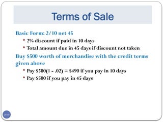 20-10
Terms of Sale
Basic Form: 2/10 net 45
 2% discount if paid in 10 days
 Total amount due in 45 days if discount not taken
Buy $500 worth of merchandise with the credit terms
given above
 Pay $500(1 - .02) = $490 if you pay in 10 days
 Pay $500 if you pay in 45 days
 