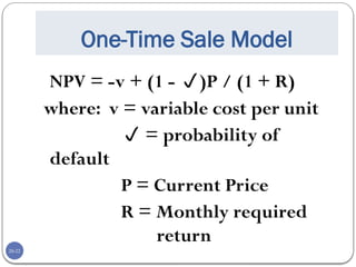 20-22
One-Time Sale Model
NPV = -v + (1 - )P / (1 + R)
where: v = variable cost per unit
 = probability of
default
P = Current Price
R = Monthly required
return
 