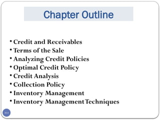 20-4
Chapter Outline
• Credit and Receivables
• Terms of the Sale
• Analyzing Credit Policies
• Optimal Credit Policy
• Credit Analysis
• Collection Policy
• Inventory Management
• Inventory ManagementTechniques
 