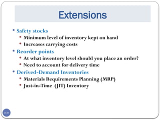 20-45
Extensions
 Safety stocks
 Minimum level of inventory kept on hand
 Increases carrying costs
 Reorder points
 At what inventory level should you place an order?
 Need to account for delivery time
 Derived-Demand Inventories
 Materials Requirements Planning (MRP)
 Just-in-Time (JIT) Inventory
 