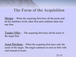 The Form of the Acquisition 
Merger – When the acquiring firm buys all the assets and 
all the liabilities of the other firm and combines them into 
one firm 
Tender Offer – The acquiring firm buys all the stock of 
the target firm 
Asset Purchase – When the acquiring firm buys only the 
assets of the target. The target continues to exist as firm with 
cash instead of assets 
21-13 
 