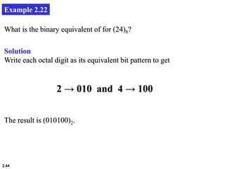 2.44
Example 2.22
What is the binary equivalent of for (24)8?
Solution
Write each octal digit as its equivalent bit pattern to get
2 → 010 and 4 → 100
The result is (010100)2.
 