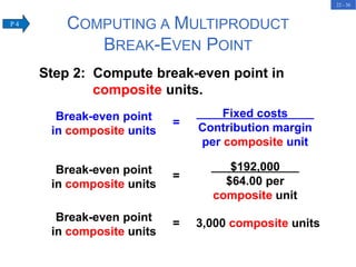 22 - 36
Break-even point
in composite units
Fixed costs
Contribution margin
per composite unit
=
Step 2: Compute break-even point in
composite units.
Break-even point
in composite units
$192,000
$64.00 per
composite unit
=
Break-even point
in composite units
= 3,000 composite units
COMPUTING A MULTIPRODUCT
BREAK-EVEN POINT
P 4
 
