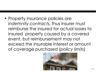 Indemnity Contracts

• Property insurance policies are
  indemnity contracts, thus insurer must
  reimburse the insured for actual losses to
  insured property caused by a covered
  event, but reimbursement may not
  exceed the insurable interest or amount
  of coverage purchased (policy limits)



                                           27-18
 