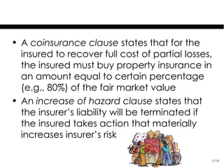 Special Issues

• A coinsurance clause states that for the
  insured to recover full cost of partial losses,
  the insured must buy property insurance in
  an amount equal to certain percentage
  (e.g., 80%) of the fair market value
• An increase of hazard clause states that
  the insurer’s liability will be terminated if
  the insured takes action that materially
  increases insurer’s risk

                                                27-20
 