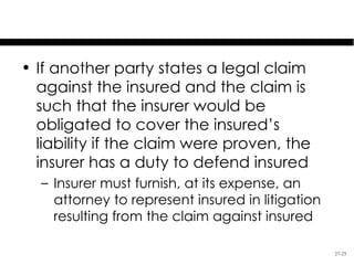 Insurer’s Obligations

• If another party states a legal claim
  against the insured and the claim is
  such that the insurer would be
  obligated to cover the insured’s
  liability if the claim were proven, the
  insurer has a duty to defend insured
  – Insurer must furnish, at its expense, an
    attorney to represent insured in litigation
    resulting from the claim against insured

                                                  27-25
 