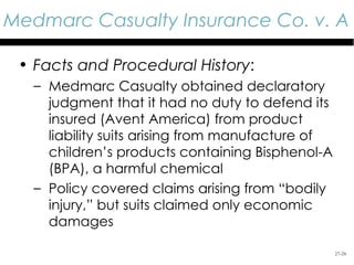 Medmarc Casualty Insurance Co. v. Av

 • Facts and Procedural History:
   – Medmarc Casualty obtained declaratory
     judgment that it had no duty to defend its
     insured (Avent America) from product
     liability suits arising from manufacture of
     children’s products containing Bisphenol-A
     (BPA), a harmful chemical
   – Policy covered claims arising from “bodily
     injury,” but suits claimed only economic
     damages

                                                   27-26
 