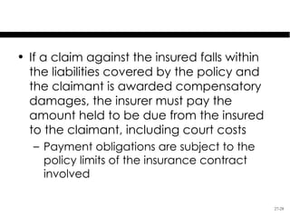 Insurer’s Obligations

• If a claim against the insured falls within
  the liabilities covered by the policy and
  the claimant is awarded compensatory
  damages, the insurer must pay the
  amount held to be due from the insured
  to the claimant, including court costs
  – Payment obligations are subject to the
    policy limits of the insurance contract
    involved

                                                27-28
 