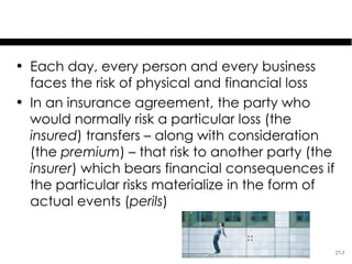 Overview

• Each day, every person and every business
  faces the risk of physical and financial loss
• In an insurance agreement, the party who
  would normally risk a particular loss (the
  insured) transfers – along with consideration
  (the premium) – that risk to another party (the
  insurer) which bears financial consequences if
  the particular risks materialize in the form of
  actual events (perils)


                                                    27-3
 