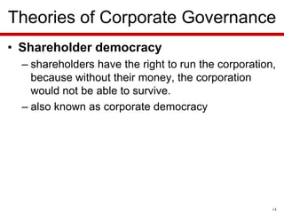 Theories of Corporate Governance
• Shareholder democracy
– shareholders have the right to run the corporation,
because without their money, the corporation
would not be able to survive.
– also known as corporate democracy

14

 