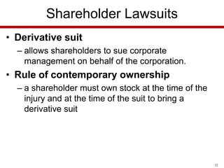Shareholder Lawsuits
• Derivative suit
– allows shareholders to sue corporate
management on behalf of the corporation.

• Rule of contemporary ownership
– a shareholder must own stock at the time of the
injury and at the time of the suit to bring a
derivative suit

22

 