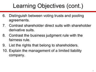 Learning Objectives (cont.)
6. Distinguish between voting trusts and pooling
agreements.
7. Contrast shareholder direct suits with shareholder
derivative suits.
8. Contrast the business judgment rule with the
fairness rule.
9. List the rights that belong to shareholders.
10. Explain the management of a limited liability
company.

3

 