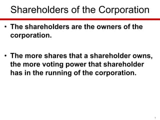Shareholders of the Corporation
• The shareholders are the owners of the
corporation.
• The more shares that a shareholder owns,
the more voting power that shareholder
has in the running of the corporation.

7

 