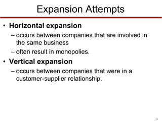 Expansion Attempts
• Horizontal expansion
– occurs between companies that are involved in
the same business
– often result in monopolies.

• Vertical expansion
– occurs between companies that were in a
customer-supplier relationship.

34

 