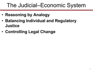 The Judicial–Economic System
• Reasoning by Analogy
• Balancing Individual and Regulatory
Justice
• Controlling Legal Change

5

 