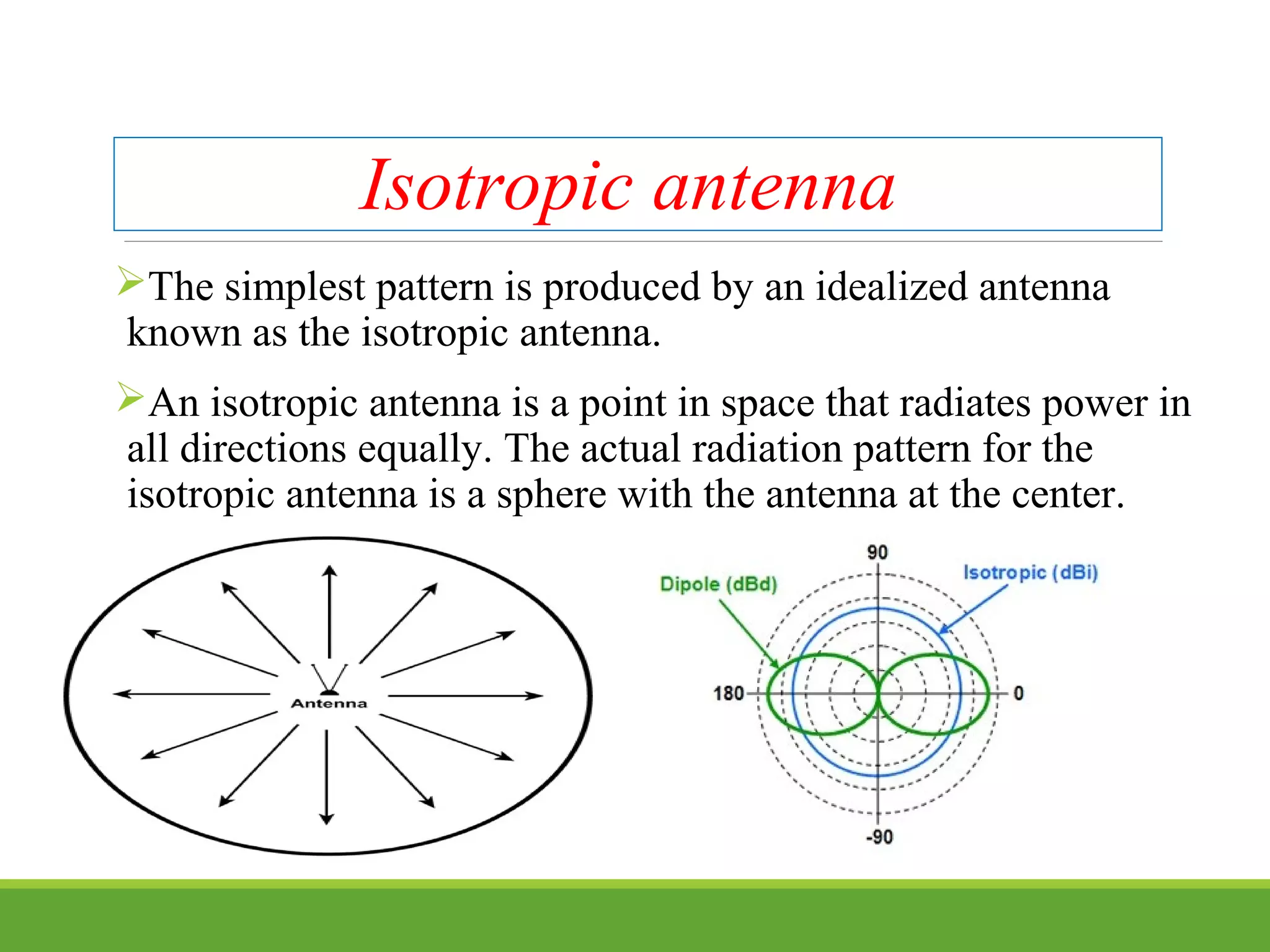 Isotropic antenna
The simplest pattern is produced by an idealized antenna
known as the isotropic antenna.
An isotropic antenna is a point in space that radiates power in
all directions equally. The actual radiation pattern for the
isotropic antenna is a sphere with the antenna at the center.
 
