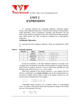 for More Https://www.ThesisScientist.com
UNIT 2
EXPRESSION
C++ provides operators for composing arithmetic, relational, logical,
bitwise, and conditional expressions. It also provides operators which produce
useful side-effects, such as assignment, increment, and decrement. We will
look at each category of operators in turn. We will also discuss the precedence
rules which govern the order of operator evaluation in a multi-operator
expression.
Arithmetic Operators
C++ provides five basic arithmetic operators. These are summarized in Table
2.1.
Table 2.1 Arithmetic operators.
Operator Name Example
+ Addition 12 + 4.9 // gives 16.9
- Subtraction 3.98 - 4 // gives -0.02
* Multiplication 2 * 3.4 // gives 6.8
/ Division 9 / 2.0 // gives 4.5
% Remainder 13 % 3 // gives 1
Except for remainder (%) all other arithmetic operators can accept a mix
of integer and real operands. Generally, if both operands are integers then the
result will be an integer. However, if one or both of the operands are reals
then the result will be a real (or double to be exact).
When both operands of the division operator (/) are integers then the
division is performed as an integer division and not the normal division we
are used to. Integer division always results in an integer outcome (i.e., the
result is always rounded down). For example:
9 / 2 // gives 4, not 4.5!
-9 / 2 // gives -5, not -4!
Unintended integer divisions are a common source of programming
errors. To obtain a real division when both operands are integers, you should
cast one of the operands to be real:
int cost = 100;
int volume = 80;
 