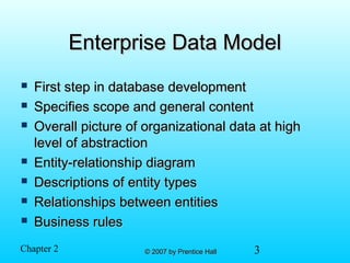 3© 2007 by Prentice Hall© 2007 by Prentice HallChapter 2
Enterprise Data ModelEnterprise Data Model
 First step in database developmentFirst step in database development
 Specifies scope and general contentSpecifies scope and general content
 Overall picture of organizational data at highOverall picture of organizational data at high
level of abstractionlevel of abstraction
 Entity-relationship diagramEntity-relationship diagram
 Descriptions of entity typesDescriptions of entity types
 Relationships between entitiesRelationships between entities
 Business rulesBusiness rules
 