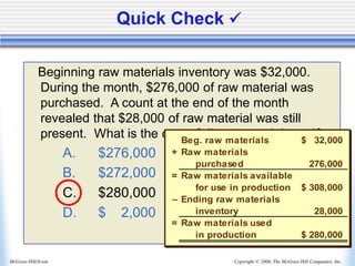 Copyright © 2006, The McGraw-Hill Companies, Inc.
McGraw-Hill/Irwin
Quick Check ✓
Beginning raw materials inventory was $32,000.
During the month, $276,000 of raw material was
purchased. A count at the end of the month
revealed that $28,000 of raw material was still
present. What is the cost of direct material used?
A. $276,000
B. $272,000
C. $280,000
D. $ 2,000
Beg. raw materials 32,000
$
+ Raw materials
purchased 276,000
= Raw materials available
for use in production 308,000
$
– Ending raw materials
inventory 28,000
= Raw materials used
in production 280,000
$
 