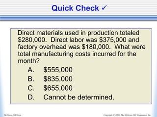 Copyright © 2006, The McGraw-Hill Companies, Inc.
McGraw-Hill/Irwin
Quick Check ✓
Direct materials used in production totaled
$280,000. Direct labor was $375,000 and
factory overhead was $180,000. What were
total manufacturing costs incurred for the
month?
A. $555,000
B. $835,000
C. $655,000
D. Cannot be determined.
 
