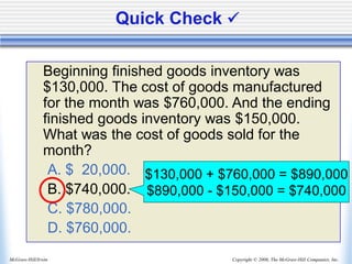 Copyright © 2006, The McGraw-Hill Companies, Inc.
McGraw-Hill/Irwin
Quick Check ✓
Beginning finished goods inventory was
$130,000. The cost of goods manufactured
for the month was $760,000. And the ending
finished goods inventory was $150,000.
What was the cost of goods sold for the
month?
A. $ 20,000.
B. $740,000.
C. $780,000.
D. $760,000.
$130,000 + $760,000 = $890,000
$890,000 - $150,000 = $740,000
 