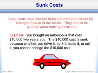 Copyright © 2006, The McGraw-Hill Companies, Inc.
McGraw-Hill/Irwin
Sunk Costs
Sunk costs have already been incurred and cannot be
changed now or in the future. They should be
ignored when making decisions.
Example: You bought an automobile that cost
$10,000 two years ago. The $10,000 cost is sunk
because whether you drive it, park it, trade it, or sell
it, you cannot change the $10,000 cost.
 