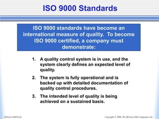 Copyright © 2006, The McGraw-Hill Companies, Inc.
McGraw-Hill/Irwin
ISO 9000 Standards
ISO 9000 standards have become an
international measure of quality. To become
ISO 9000 certified, a company must
demonstrate:
1. A quality control system is in use, and the
system clearly defines an expected level of
quality.
2. The system is fully operational and is
backed up with detailed documentation of
quality control procedures.
3. The intended level of quality is being
achieved on a sustained basis.
 