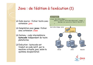 13
 Code source : fichier texte avec
extension .java
 Compilation avec javac: fichier
avec extension .class
 Contenu : code intermédiaire
bytecode indépendant de toute
plateforme
 Exécution : bytecode est
traduit en code natif, par la
machine virtuelle java, selon le
système d’exploitation
Java : de l’édition à l’exécution (1)
 
