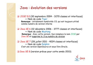 18
 J2SE 5.0 (30 septembre 2004 - 3270 classes et interfaces)
— Nom de code Tiger
Remarque : initialement numérotée 1.5, qui est toujours utilisé
comme numéro de version interne
 Java SE 6 (12 décembre 2006 - 3777 classes et interfaces)
— Nom de code Mustang
Remarque : Avec cette version, Sun remplace le nom J2SE par
Java SE et supprime le .0 au numéro de version
 Java SE 7 (28 juillet 2011 - 4024 classes et interfaces)
— Nom de code Dolphin
C’est une version OpenSource et sous l’ère Oracle.
 Java SE 8 (version prévue pour cette année 2013)
Java : évolution des versions
 