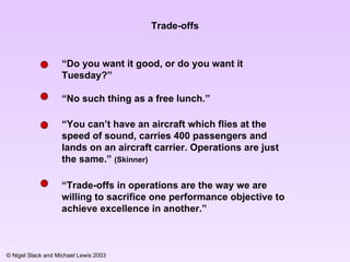 Trade-offs “ Do you want it good, or do you want it Tuesday?” “ No such thing as a free lunch.” “ You can’t have an aircraft which flies at the speed of sound, carries 400 passengers and lands on an aircraft carrier. Operations are just the same.”  (Skinner) “ Trade-offs in operations are the way we are willing to sacrifice one performance objective to achieve excellence in another.” 