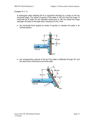MEC441 Fluid Mechanics 1 Chapter 3: Finite control volume analysis
Assoc. Prof. Dr. Wirachman Wisnoe Page 19
1/13/2010
Example No. 3 - 6
A rectangular plate weighing 60 N is supported vertically by a hinge on the top
horizontal edge. The centre of gravity of the plate is 100 mm from the hinge. A
horizontal jet of water 20 mm diameter whose axis is 150 mm below the hinge
impinges normally on the plate with a velocity of 5 m/s. Find:
a. the horizontal force applied at centre of gravity to maintain the plate in its
vertical position.
b. the corresponding velocity of the jet if the plate is deflected through 30° and
the same force continues to act at the plate.
 
