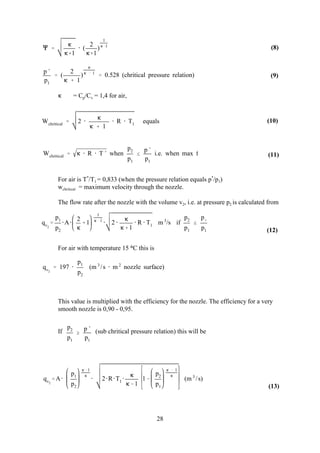 1
 (
2
1
)
1
1
p 
p1
 (
2
  1
)

  1
 0.528 (chritical pressure relation)
Wchritical  2 

  1
 R  T1 equals
Wchritical    R  T  when
p2
p1

p 
p1
i.e. when max f
qv2

p1
p2
A
2

1
1
1
 2 

1
 R  T1 m 3
/s if
p2
p1

p
p1
qv2
 197 
p1
p2
(m 3
/s  m 2
nozzle surface)
qv2
A
p1
p2
1

 2RT1 

1
1
p2
p1
  1

(m 3
/s)
p2
p1

p 
p1
28
(8)
(9)
(10)
(11)
(12)
(13)
 = C /C = 1,4 for air,p v
For air is T /T = 0,833 (when the pressure relation equals p /p )* *
1 1
w = maximum velocity through the nozzle.chritical
The flow rate after the nozzle with the volume v , i.e. at pressure p is calculated from2 2
For air with temperature 15 °C this is
This value is multiplied with the efficiency for the nozzle. The efficiency for a very
smooth nozzle is 0,90 - 0,95.
If (sub chritical pressure relation) this will be
 