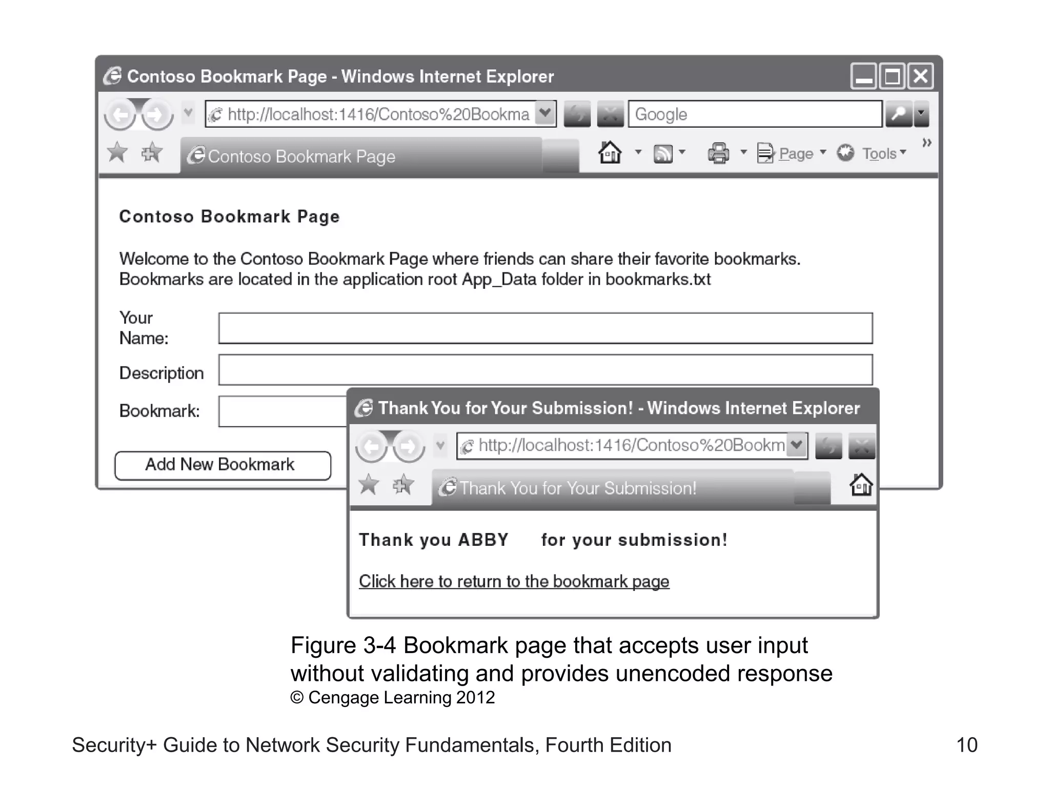 Security+ Guide to Network Security Fundamentals, Fourth Edition 10
Figure 3-4 Bookmark page that accepts user input
without validating and provides unencoded response
© Cengage Learning 2012
 
