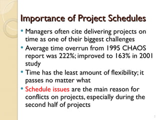 Importance of Project Schedules
Importance of Project Schedules
 Managers often cite delivering projects on
time as one of their biggest challenges
 Average time overrun from 1995 CHAOS
report was 222%; improved to 163% in 2001
study
 Time has the least amount of flexibility; it
passes no matter what
 Schedule issues are the main reason for
conflicts on projects, especially during the
second half of projects
2
 