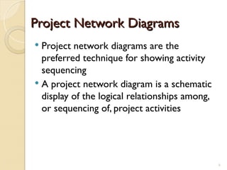 Project Network Diagrams
Project Network Diagrams
 Project network diagrams are the
preferred technique for showing activity
sequencing
 A project network diagram is a schematic
display of the logical relationships among,
or sequencing of, project activities
6
 