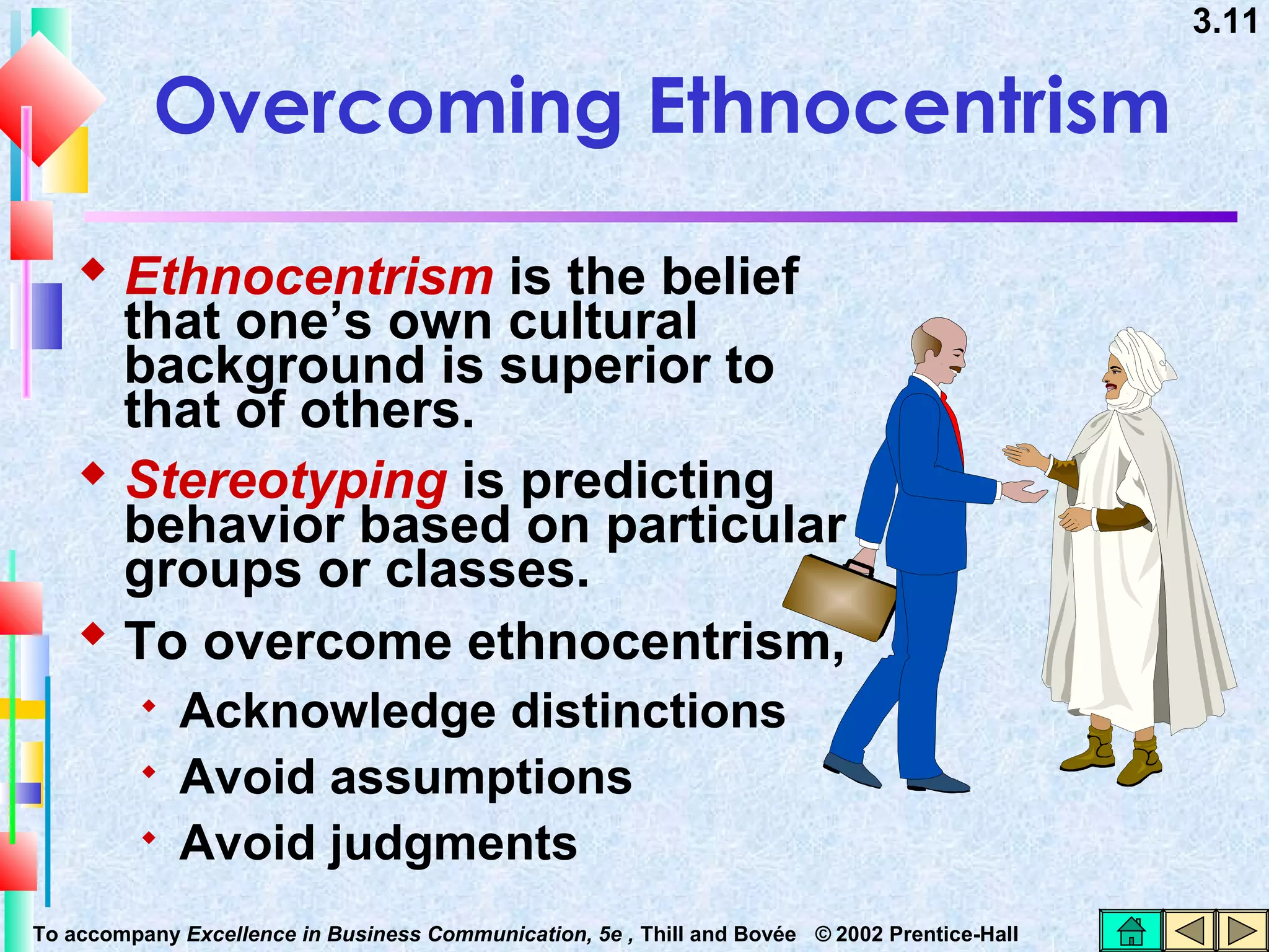 3.11

Overcoming Ethnocentrism
 Ethnocentrism is the belief

that one’s own cultural
background is superior to
that of others.
 Stereotyping is predicting
behavior based on particular
groups or classes.
 To overcome ethnocentrism,




Acknowledge distinctions
Avoid assumptions
Avoid judgments

To accompany Excellence in Business Communication, 5e , Thill and Bovée © 2002 Prentice-Hall

 