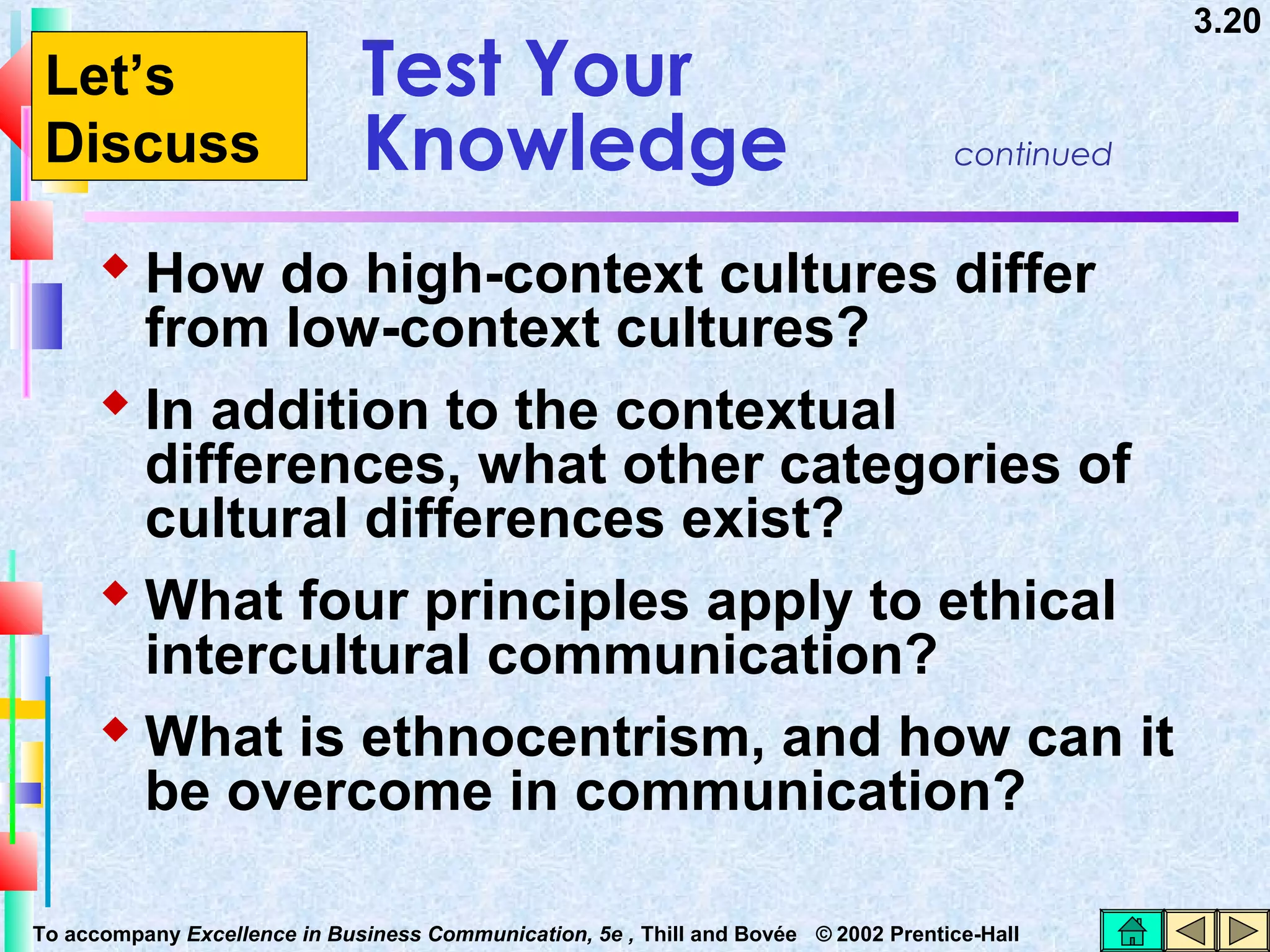 Let’s
Discuss

Test Your
Knowledge

3.20

continued

 How do high-context cultures differ

from low-context cultures?
 In addition to the contextual
differences, what other categories of
cultural differences exist?
 What four principles apply to ethical
intercultural communication?
 What is ethnocentrism, and how can it
be overcome in communication?
To accompany Excellence in Business Communication, 5e , Thill and Bovée © 2002 Prentice-Hall

 