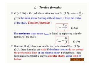 d. Torsion formulas
‰ G (dθ/dx) = T/J , which substitution into Eq. (3.2),
gives the shear stress τ acting at the distance ρ from the center
of the shaft, Torsion formulas :
(3.5a)
The maximum shear stress τmax is found by replacing ρ by the
radius r of the shaft:
(3.5b)
‰ Because Hook´s law was used in the derivation of Eqs. (3.2)-
(3.5), these formulas are valid if the shear stresses do not exceed
the proportional limit of the material shear. Furthermore, these
formulas are applicable only to circular shafts, either solid or
hollow.
J
T ρ
τ =
J
Tr
=
max
τ
ρ
θ
γ
τ
dx
d
G
G =
=
 