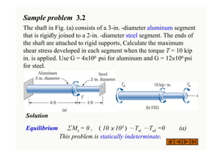 Sample problem 3.2
The shaft in Fig. (a) consists of a 3-in. -diameter aluminum segment
that is rigidly joined to a 2-in. -diameter steel segment. The ends of
the shaft are attached to rigid supports, Calculate the maximum
shear stress developed in each segment when the torque T = 10 kip
in. is applied. Use G = 4×106 psi for aluminum and G = 12×106 psi
for steel.
Solution
Equilibrium ΣMx = 0 , ( 10 × 103 ) －Tst －Tal =0 (a)
This problem is statically indeterminate.
 