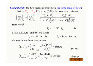 Compatibility the two segments must have the same angle of twist;
that is, θst = θal From Eq. (3.4b), this condition between.
from which
Tst = 1.1852 Tal (b)
Solving Eqs. (a) and (b), we obtain
Tal = 4576 lb‧ in. Tst = 5424 lb‧ in.
the maximum shear stresses are
Answer
Answer
al
st GJ
TL
GJ
TL
⎟
⎠
⎞
⎜
⎝
⎛
=
⎟
⎠
⎞
⎜
⎝
⎛
( ) ( )
( )
psi
d
T
al
al
863
3
4576
16
16
3
3
max =
=
⎟
⎠
⎞
⎜
⎝
⎛
=
π
π
τ
( ) ( )
( )
psi
d
T
st
st
3450
2
5424
16
16
3
3
max =
=
⎟
⎠
⎞
⎜
⎝
⎛
=
π
π
τ
( )
( ) ( )
( )
( ) ( )4
6
4
6
3
32
10
4
12
6
2
32
10
12
12
3
π
π
×
×
=
×
× al
st T
T
 