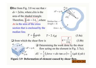 ‡But from Fig. 3.8 we see that r
ds = 2dAo, where dAo is the
area of the shaded triangle.
Therefore, ,where
Ao is the area of the cross
section that is enclosed by the
median line.
T = 2 A0q (3.8a)
‰ from which the shear flow is (3.8b)
∫ =
s
A
rds ,
0
2
∫
=
s
qrds
T
0
2A
T
q =
‰ Determining the work done by the shear
flow acting on the element in Fig. 3.7(c).
Figure 3.9 Deformation of element caused by shear flow.
( ) )
)(
(
2
1
tan
2
1
dx
qds
ce
dis
force
dU γ
=
×
=
 