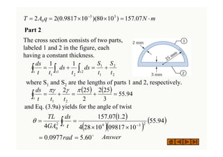Part 2
where S1 and S2 are the lengths of parts 1 and 2, respectively.
and Eq. (3.9a) yields for the angle of twist
Answer
2
2
1 2
1
1
2
1
1
1
t
S
t
S
ds
t
ds
t
t
ds
s s
s
+
=
+
= ∫ ∫
∫
( ) ( ) 94
.
55
3
25
2
2
25
2
2
1
=
+
=
+
=
∫
π
γ
πγ
t
t
t
ds
s
( )
( )( )
( )
94
.
55
10
09817
10
28
4
2
.
1
07
.
157
4 2
3
9
2
0
−
×
×
=
= ∫s t
ds
GA
TL
θ
o
60
.
5
0977
.
0 =
= rad
m
N
q
A
T ⋅
=
×
×
=
= −
07
.
157
)
10
80
)(
10
9817
.
0
(
2
2 3
3
0
The cross section consists of two parts,
labeled 1 and 2 in the figure, each
having a constant thickness.
 