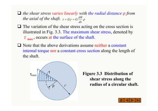 ‰ the shear stress varies linearly with the radial distance ρ from
the axial of the shaft.
‰ The variation of the shear stress acting on the cross section is
illustrated in Fig. 3.3. The maximum shear stress, denoted by
τmax , occurs at the surface of the shaft.
‰ Note that the above derivations assume neither a constant
internal torque nor a constant cross section along the length of
the shaft.
Figure 3.3 Distribution of
shear stress along the
radius of a circular shaft.
ρ
θ
γ
τ
dx
d
G
G =
=
 