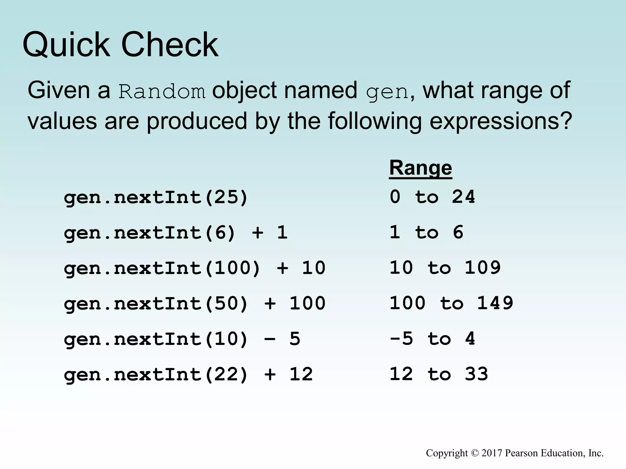 Quick Check
Copyright © 2017 Pearson Education, Inc.
Given a Random object named gen, what range of
values are produced by the following expressions?
gen.nextInt(25)
gen.nextInt(6) + 1
gen.nextInt(100) + 10
gen.nextInt(50) + 100
gen.nextInt(10) – 5
gen.nextInt(22) + 12
Range
0 to 24
1 to 6
10 to 109
100 to 149
-5 to 4
12 to 33
 