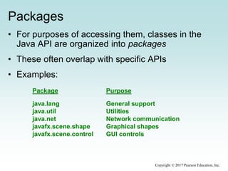 Packages
• For purposes of accessing them, classes in the
Java API are organized into packages
• These often overlap with specific APIs
• Examples:
Package
java.lang
java.util
java.net
javafx.scene.shape
javafx.scene.control
Purpose
General support
Utilities
Network communication
Graphical shapes
GUI controls
Copyright © 2017 Pearson Education, Inc.
 