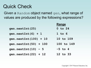 Quick Check
Copyright © 2017 Pearson Education, Inc.
Given a Random object named gen, what range of
values are produced by the following expressions?
gen.nextInt(25)
gen.nextInt(6) + 1
gen.nextInt(100) + 10
gen.nextInt(50) + 100
gen.nextInt(10) – 5
gen.nextInt(22) + 12
Range
0 to 24
1 to 6
10 to 109
100 to 149
-5 to 4
12 to 33
 