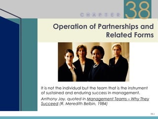 C H A P


      Operation of Partnerships and
                                    T   E R
                                              38
                     Related Forms




It is not the individual but the team that is the instrument
of sustained and enduring success in management.
Anthony Jay, quoted in Management Teams – Why They
Succeed (R. Meredith Belbin, 1984)

                                                               38-1
 